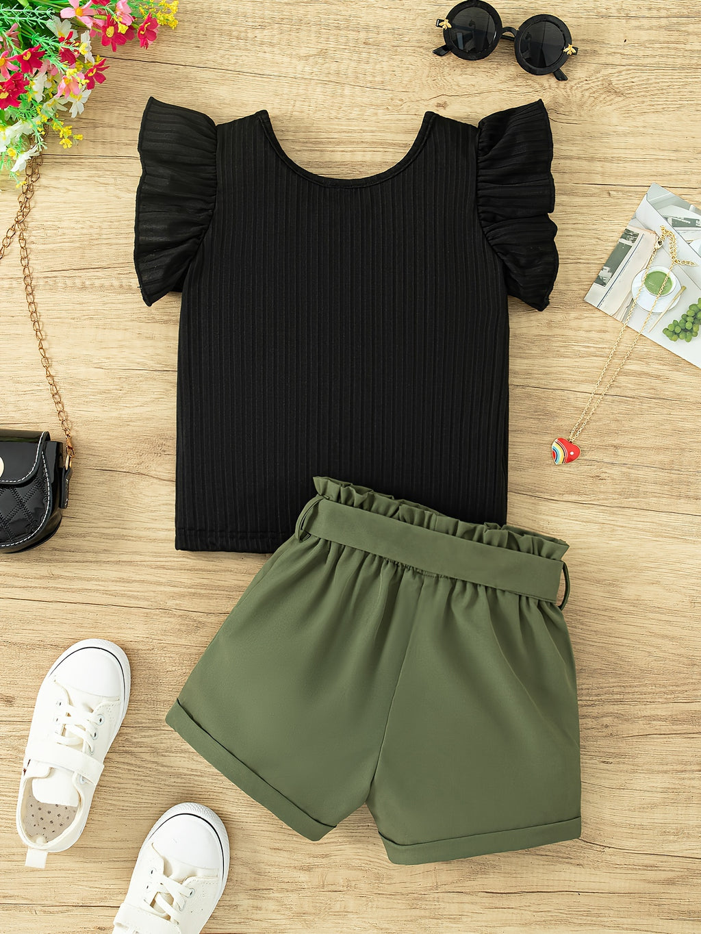 Conjunto de blusa e shorts de babado e cinto para meninas