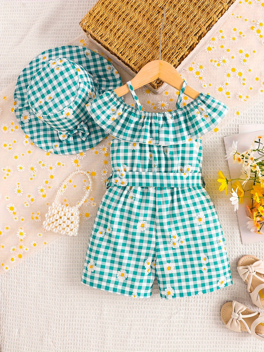 Macaquinho com laço e babado + chapéu para meninas