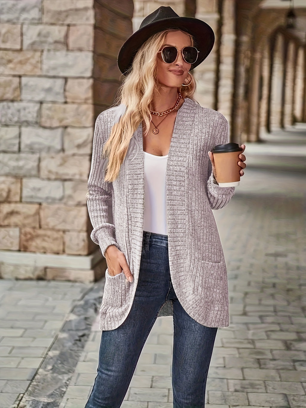 Cardigan aberto com  bolsos