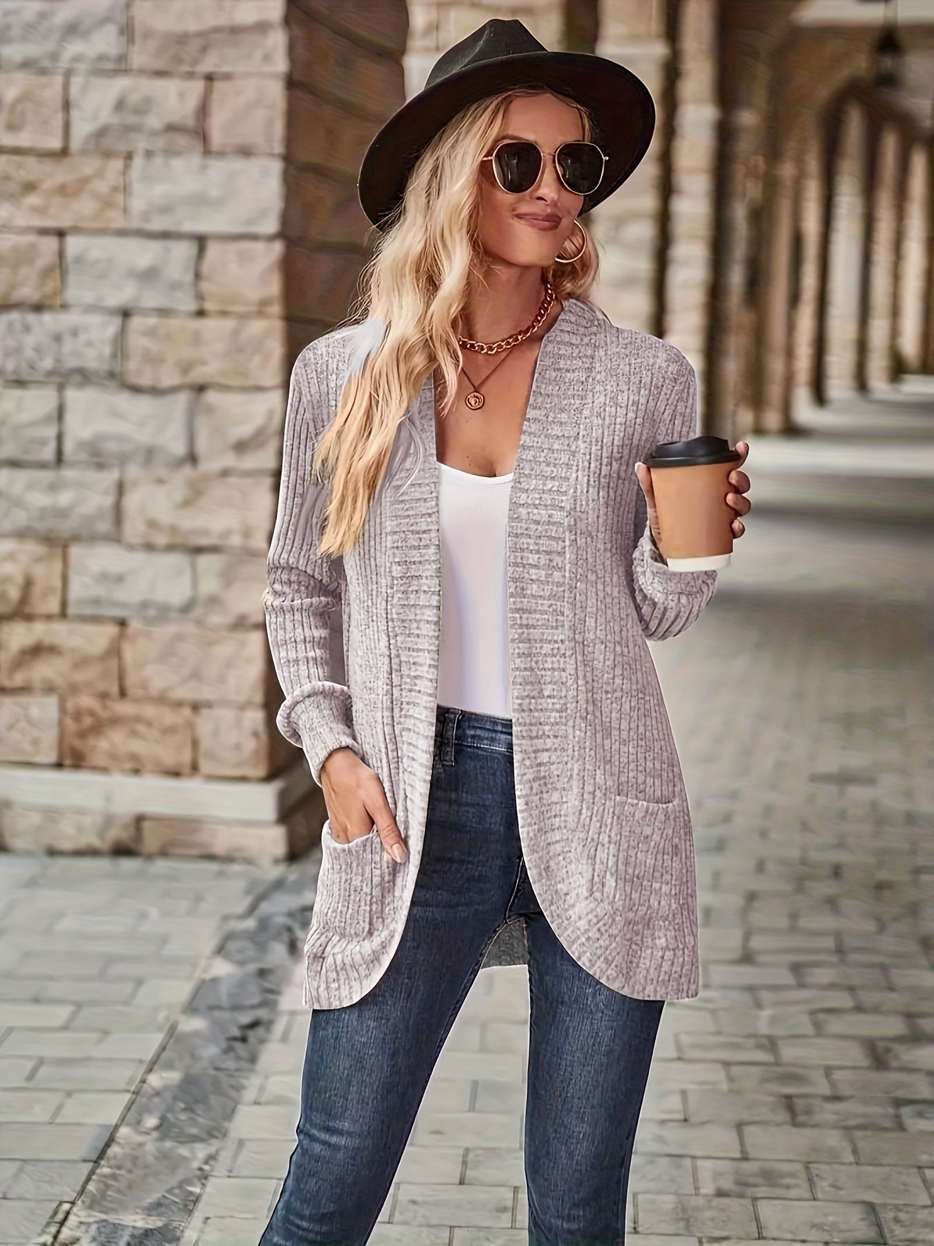 Cardigan aberto com  bolsos