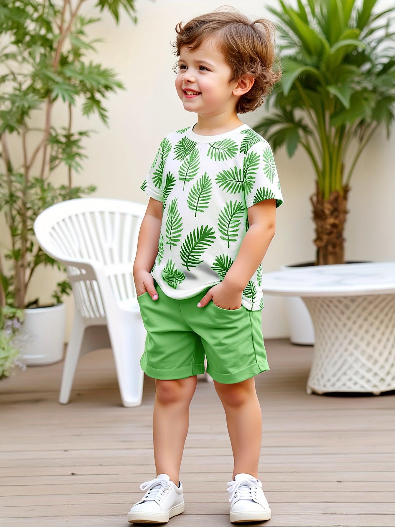 Conjunto de camiseta e short para meninos com folhagens