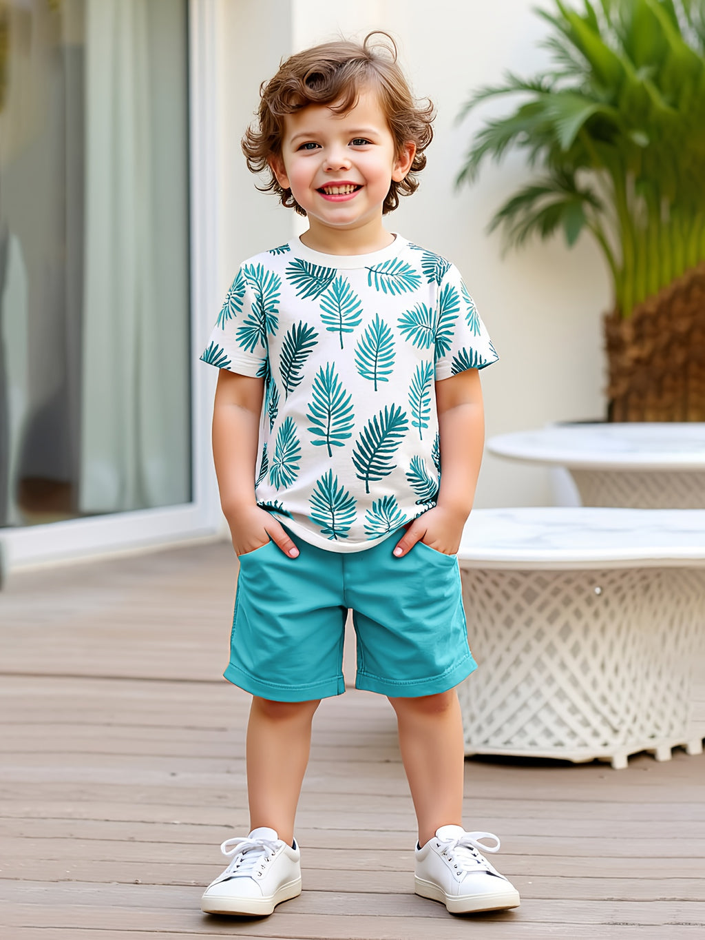 Conjunto de camiseta e short para meninos com folhagens