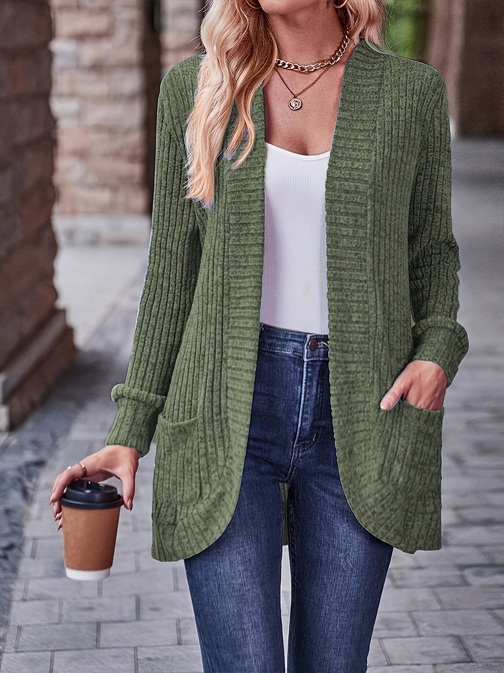 Cardigan aberto com  bolsos