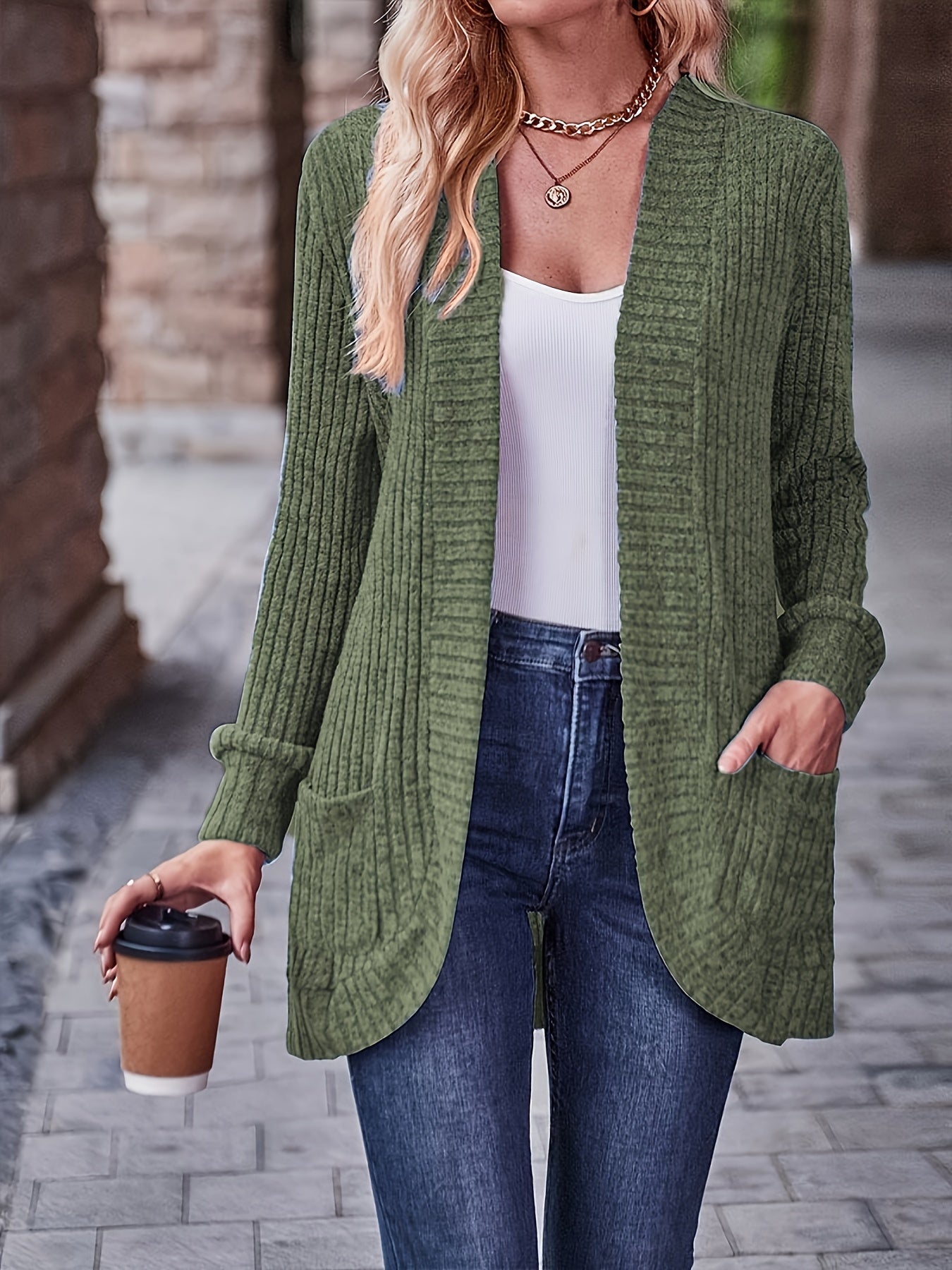 Cardigan aberto com  bolsos