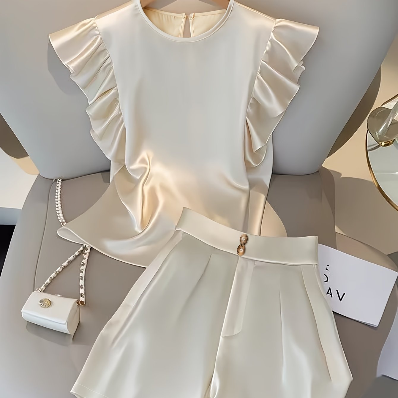 Conjunto com Blusa de Babados e Shorts de Alfaiataria