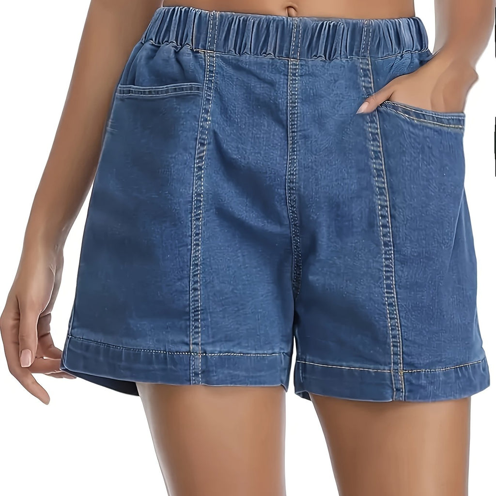 Shorts jeans com cintura franzida e detalhes em costura aparente