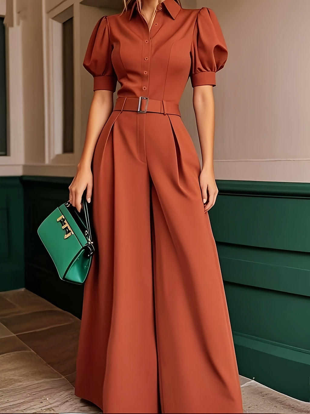 Macacão com fechamento em botões, cinto e mangas bufantes