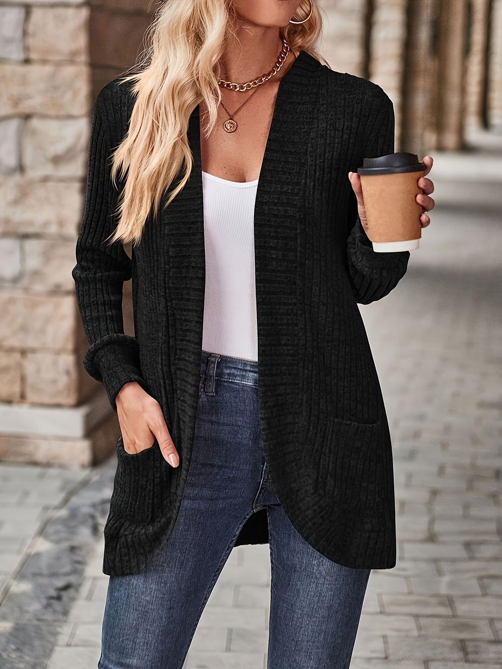 Cardigan aberto com  bolsos