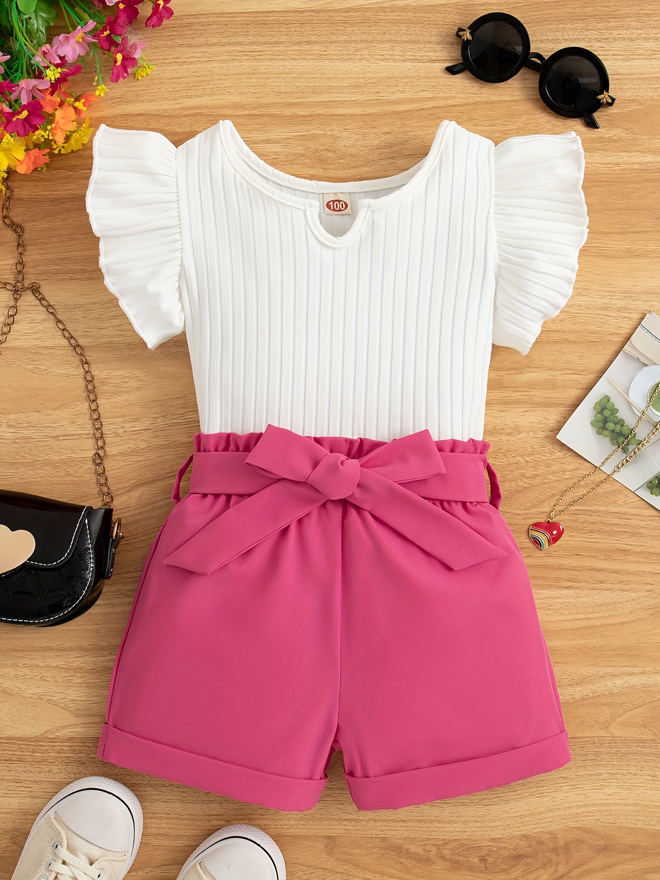 Conjunto de blusa e shorts de babado e cinto para meninas