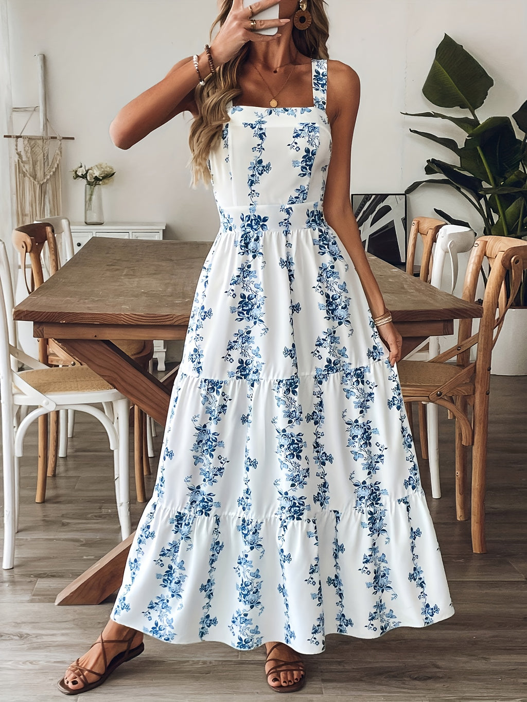 Vestido longo floral com laço nas costas