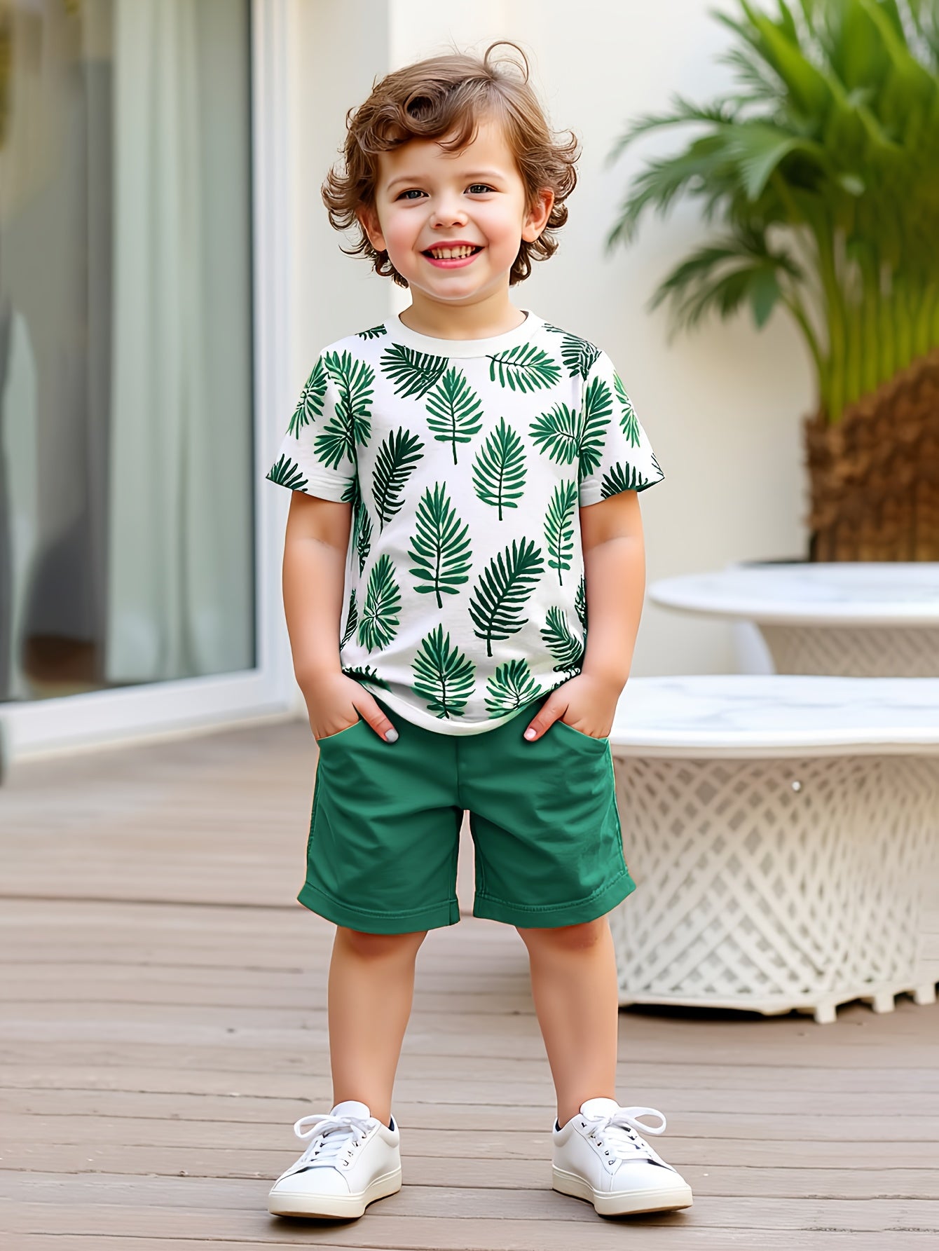 Conjunto de camiseta e short para meninos com folhagens