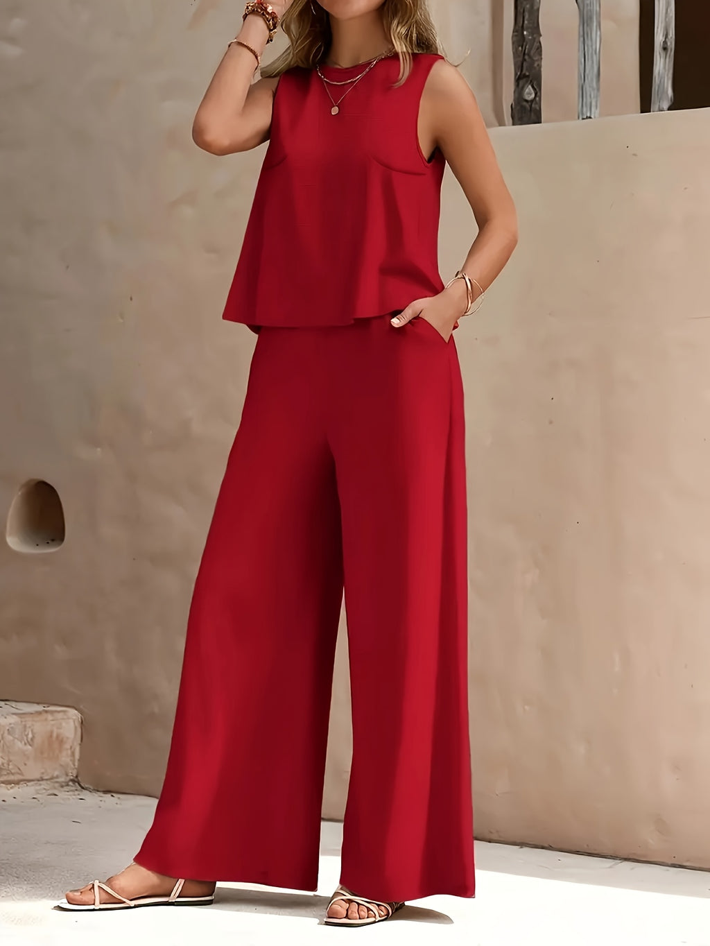 Conjunto elegante e despojado de regata e calça soltinha