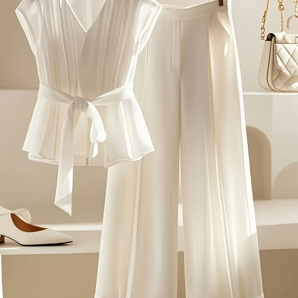 Conjunto elegante de blusa com decote em V e calça de pernas largas