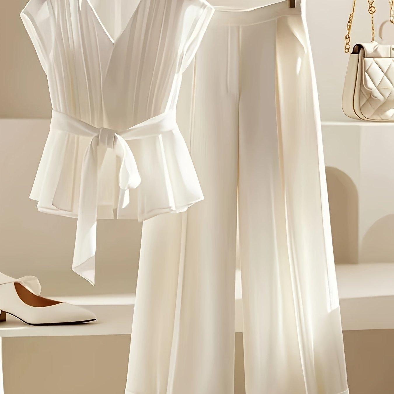 Conjunto elegante de blusa com decote em V e calça de pernas largas