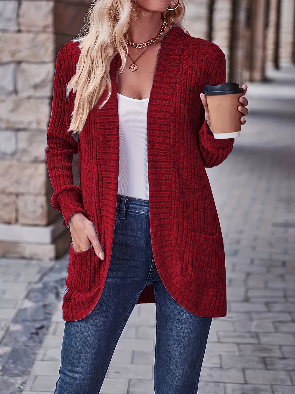 Cardigan aberto com  bolsos
