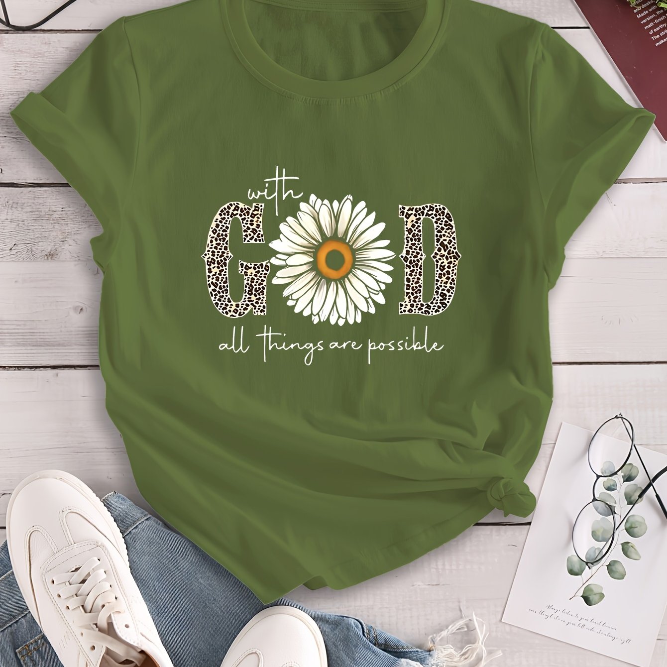 Camiseta estampada "com Deus tudo é possível"
