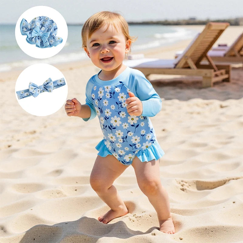 Traje de banho para meninas com chapéu e faixinha de lacinho