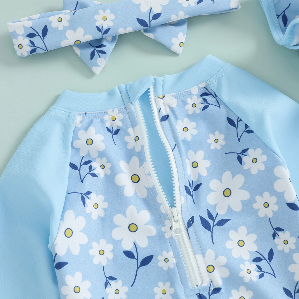 Traje de banho para meninas com chapéu e faixinha de lacinho