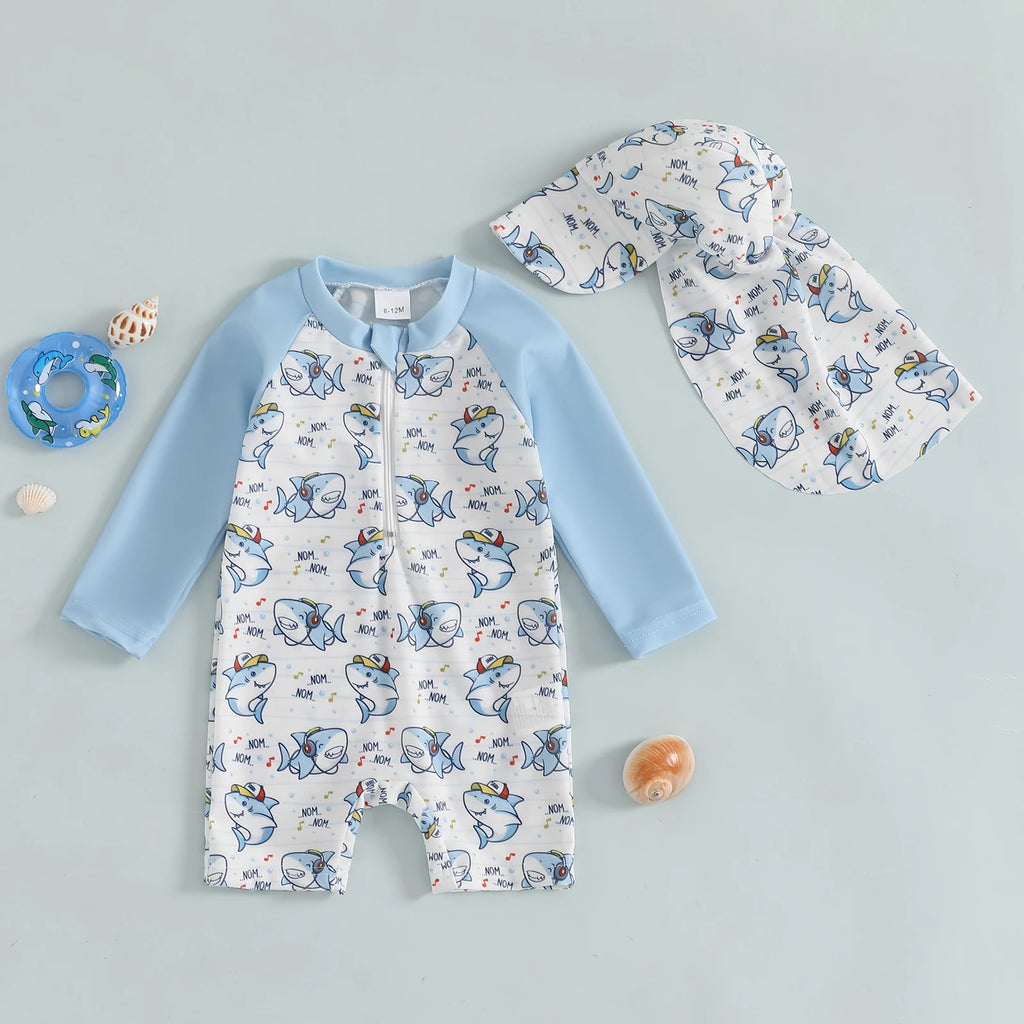 Traje de banho para meninos com boné e mangas compridas