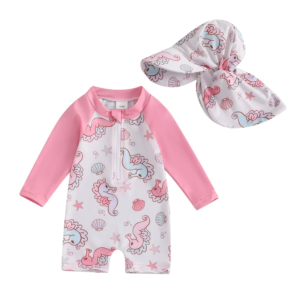 Traje de banho para meninas com boné e mangas compridas