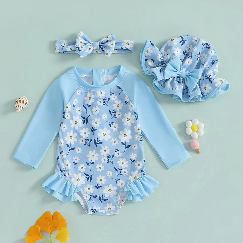 Traje de banho para meninas com chapéu e faixinha de lacinho