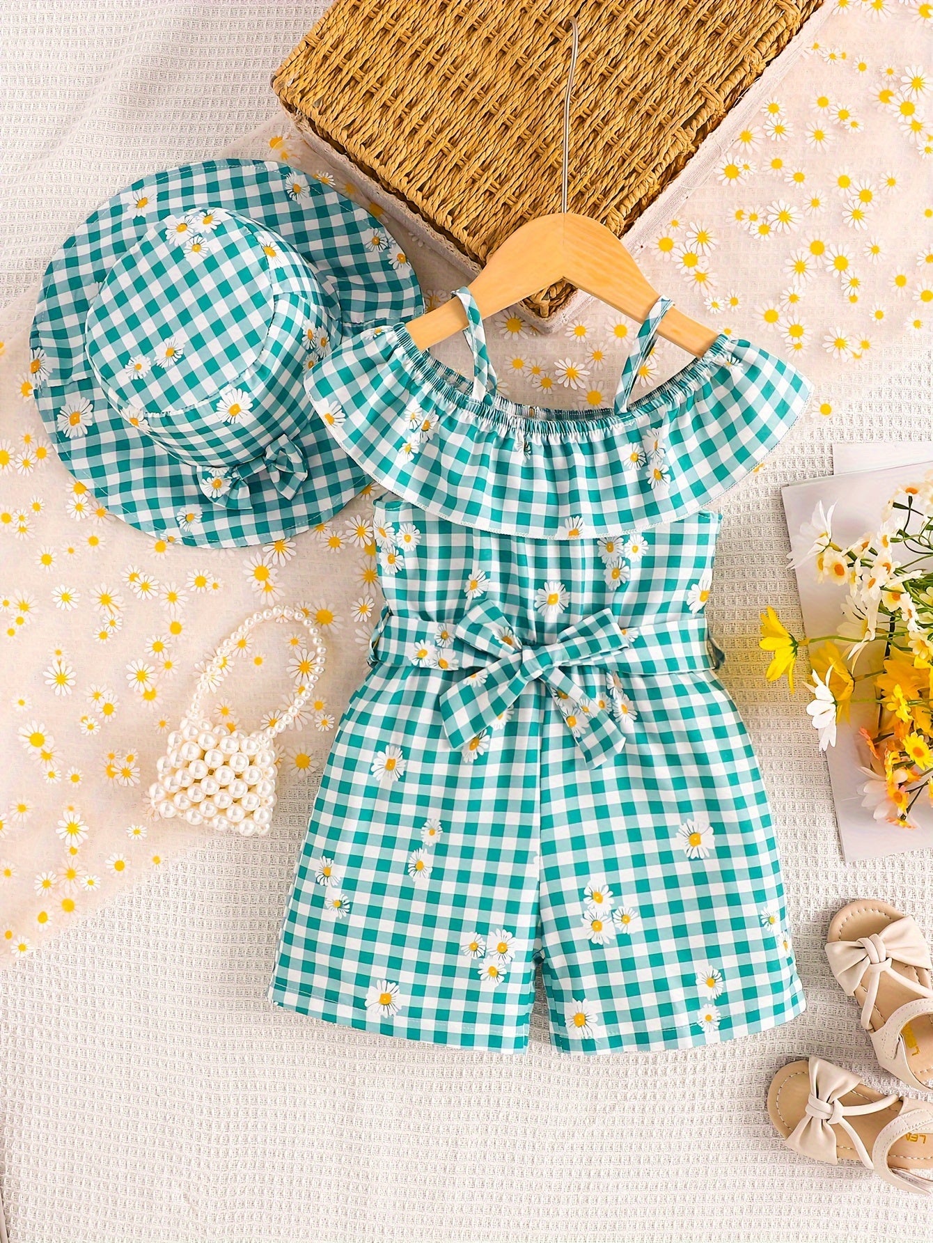 Macaquinho com laço e babado + chapéu para meninas