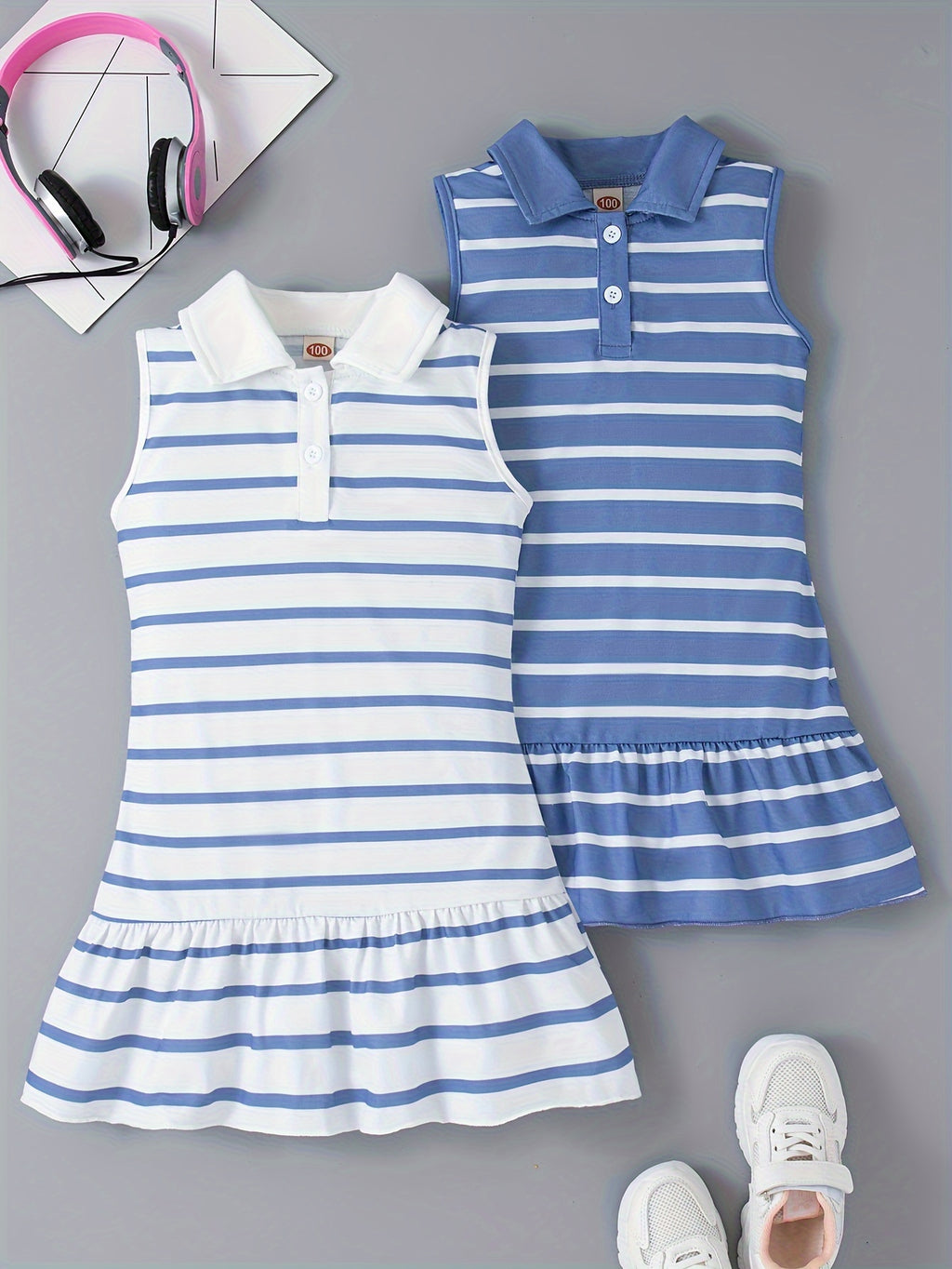 Vestidos sem mangas, listrado e com gola e babados, para meninas