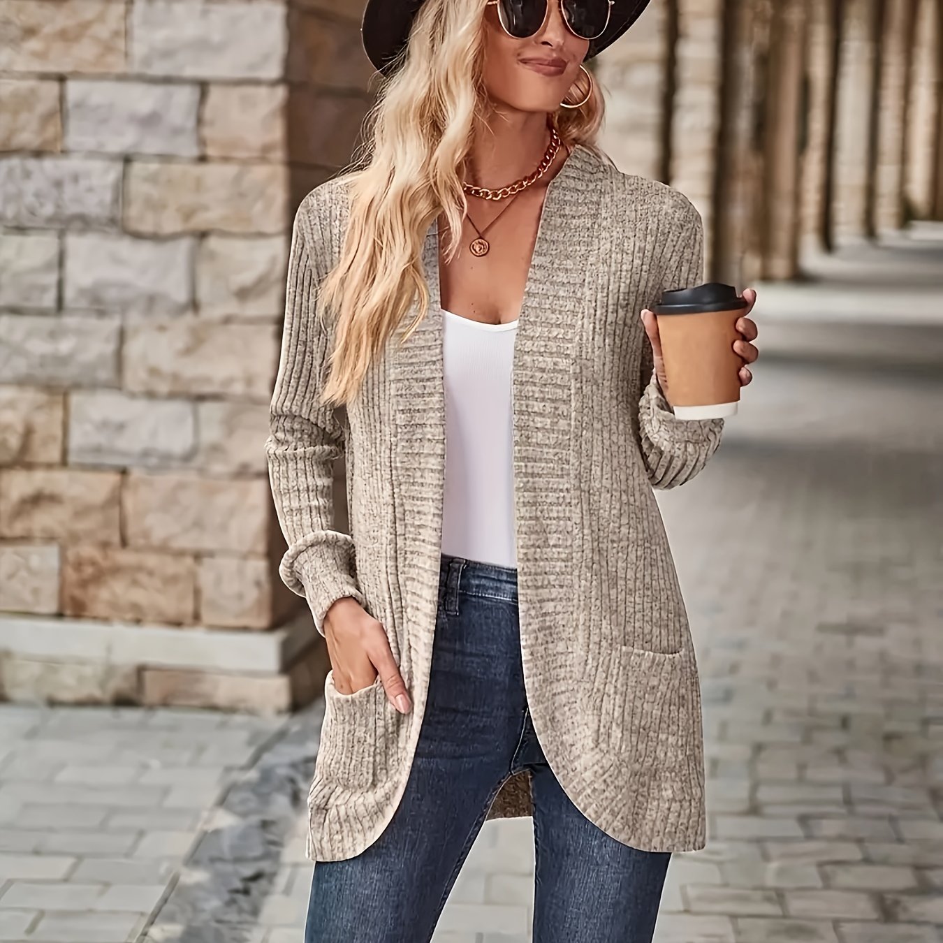 Cardigan aberto com  bolsos