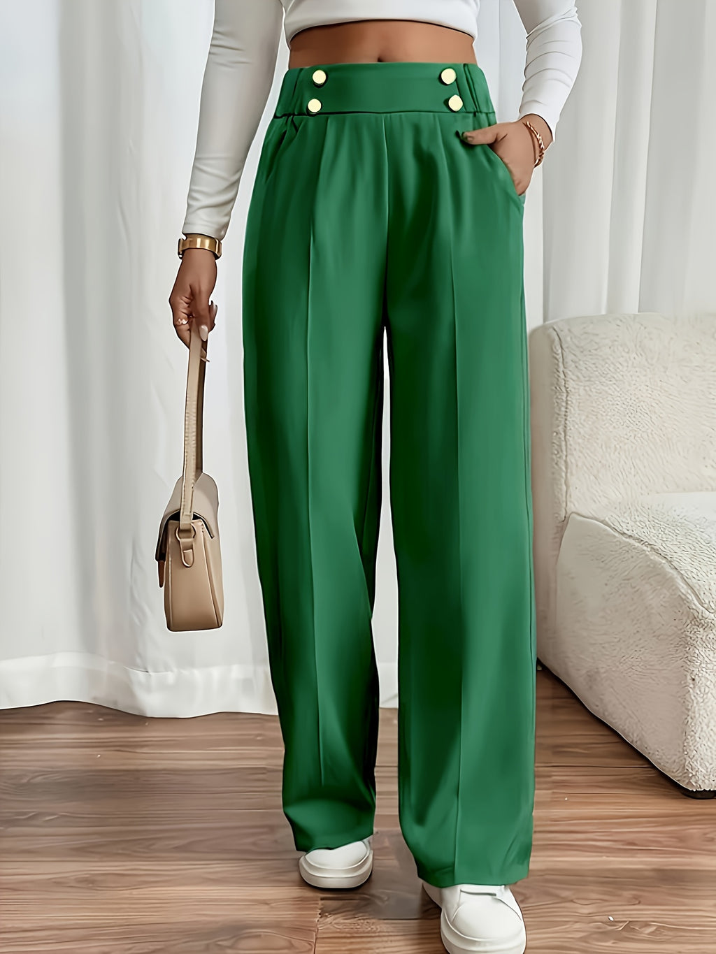 Calça reta de alfaiataria com cintura alta e botões decorativos