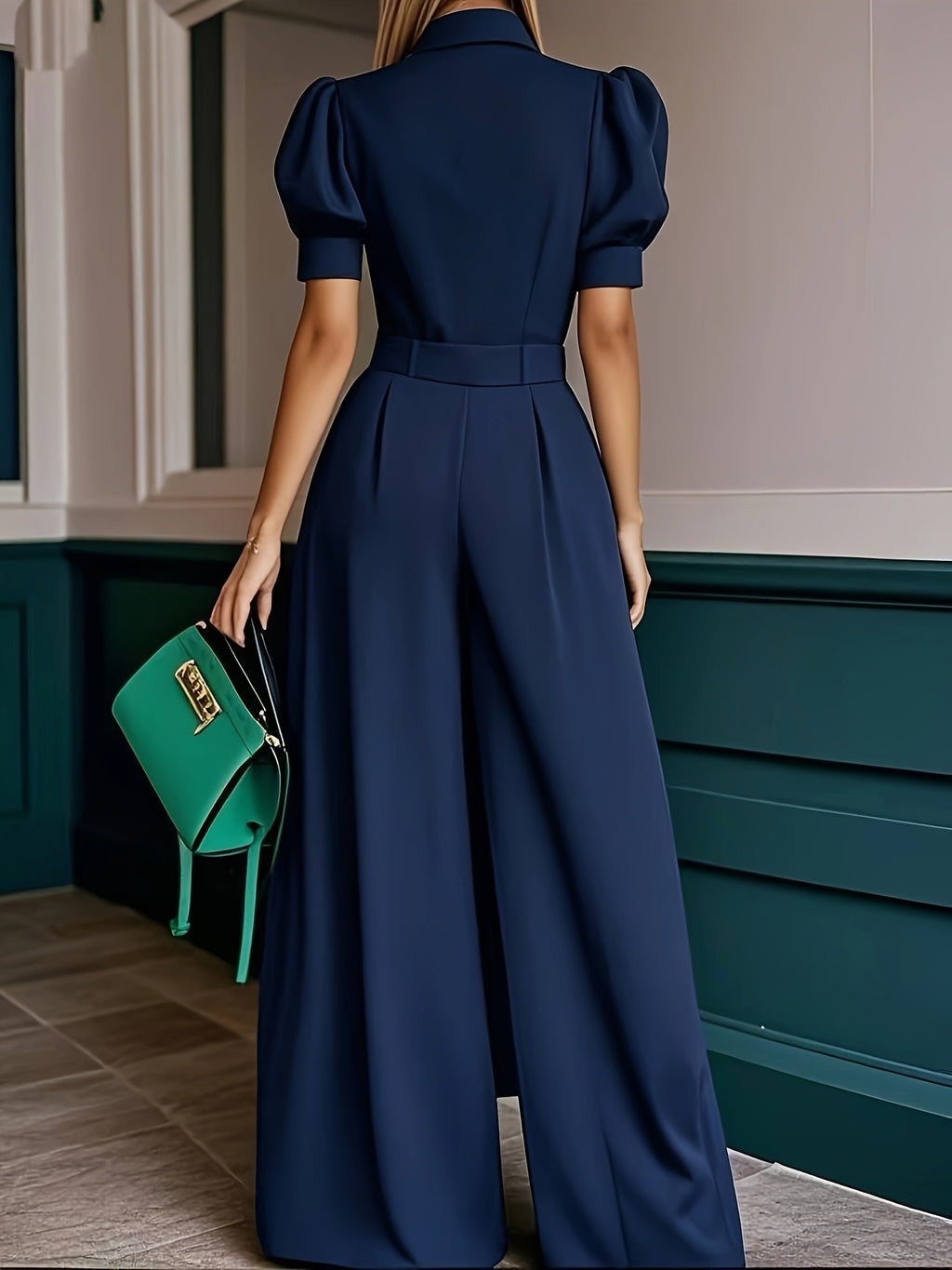 Macacão com fechamento em botões, cinto e mangas bufantes