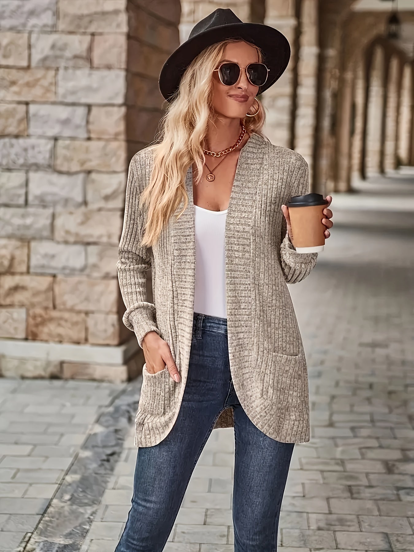 Cardigan aberto com  bolsos