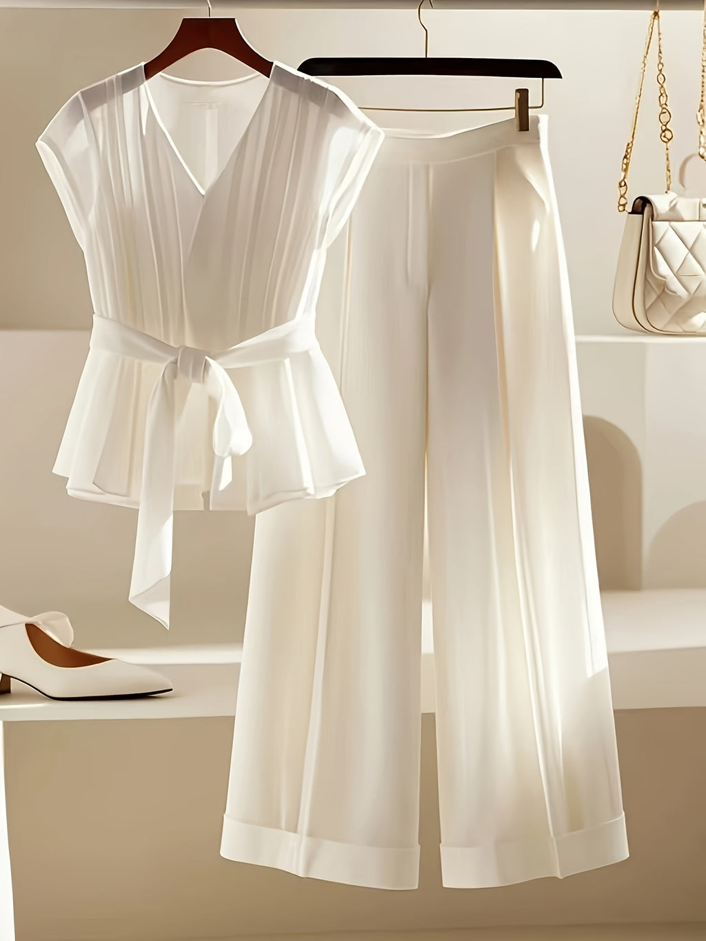 Conjunto elegante de blusa com decote em V e calça de pernas largas