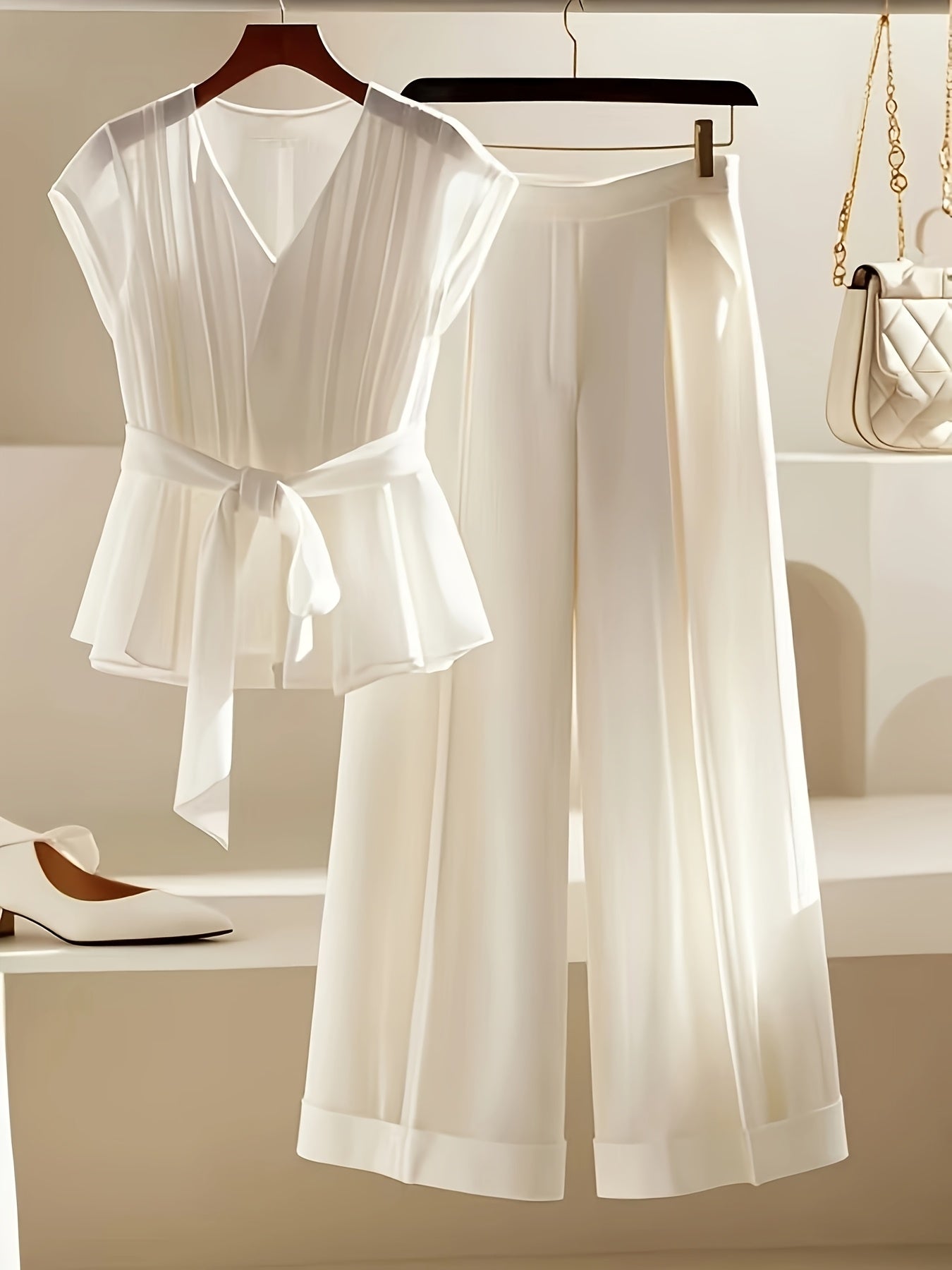 Conjunto elegante de blusa com decote em V e calça de pernas largas