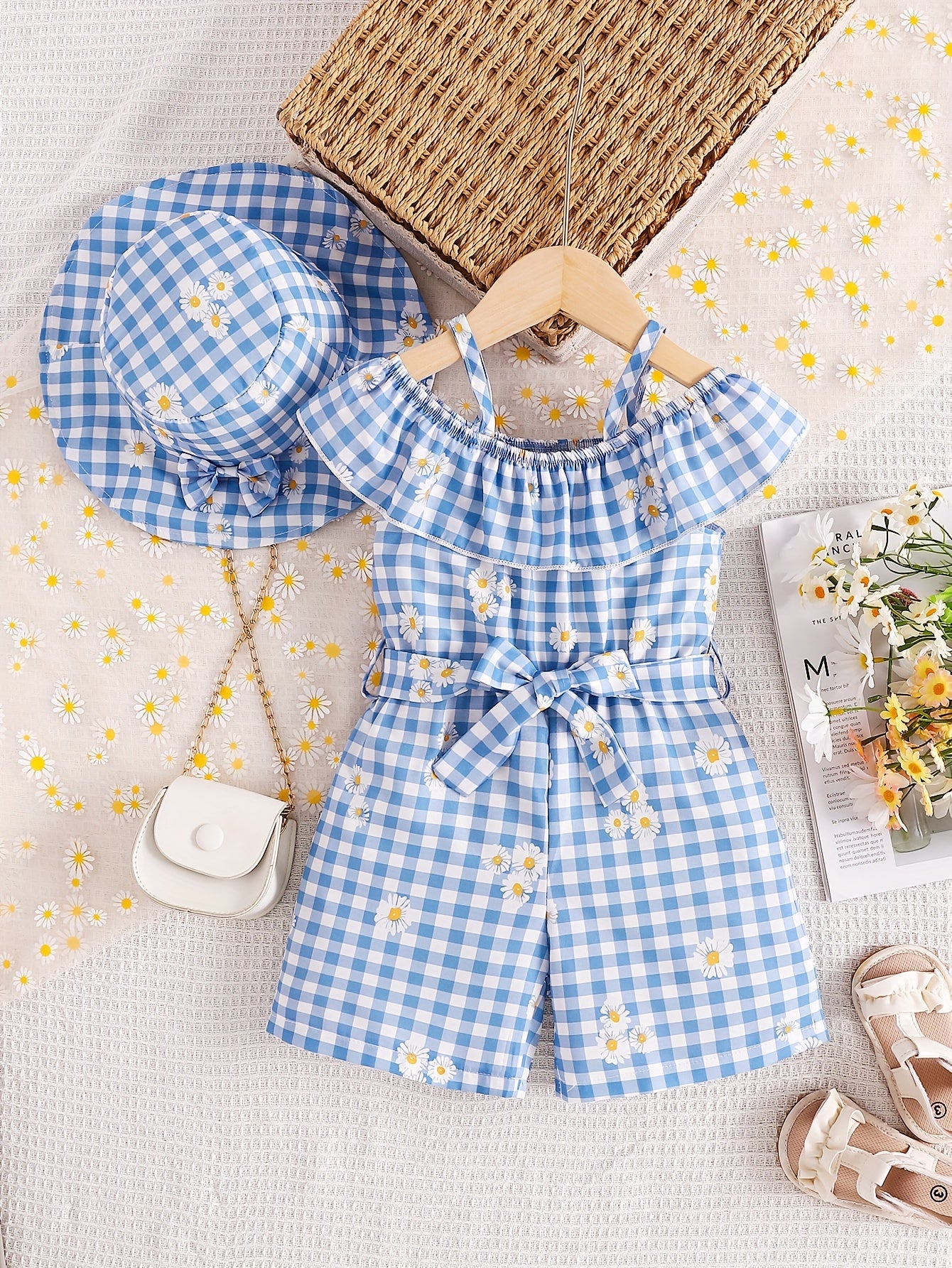 Macaquinho com laço e babado + chapéu para meninas