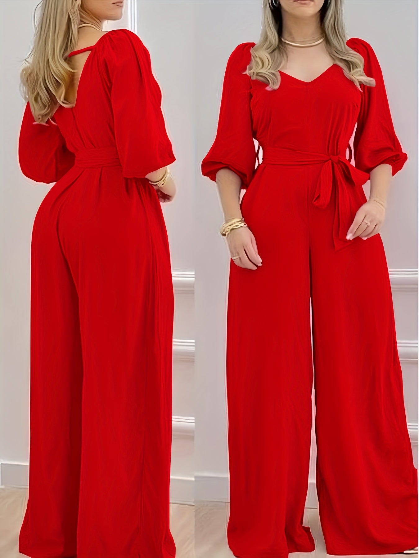 Macacão com decote em V e amarração na cintura