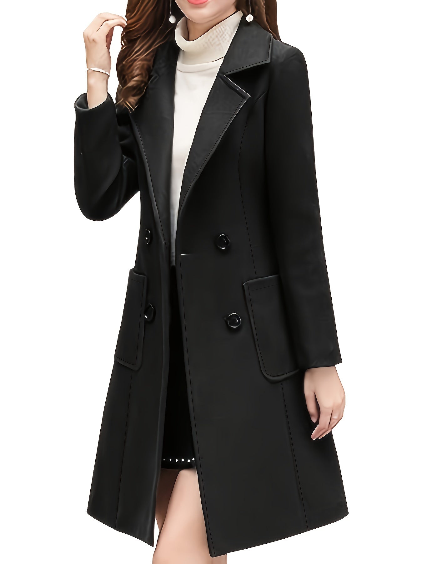 Casaco longo, de corte elegante, com bolsos e botões