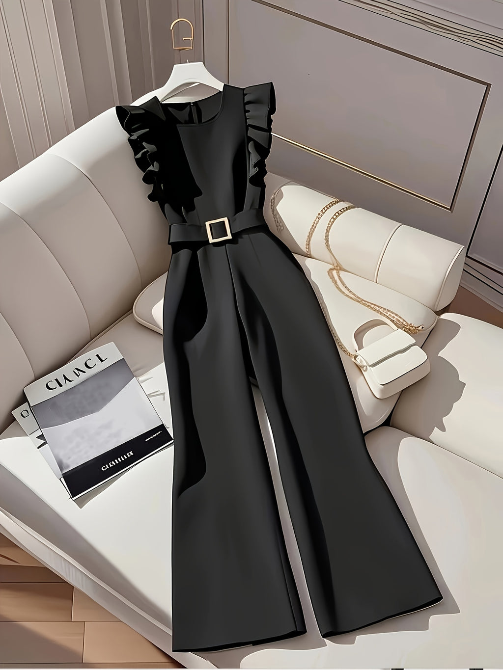 Macacão elegante de mangas com babados e cinto