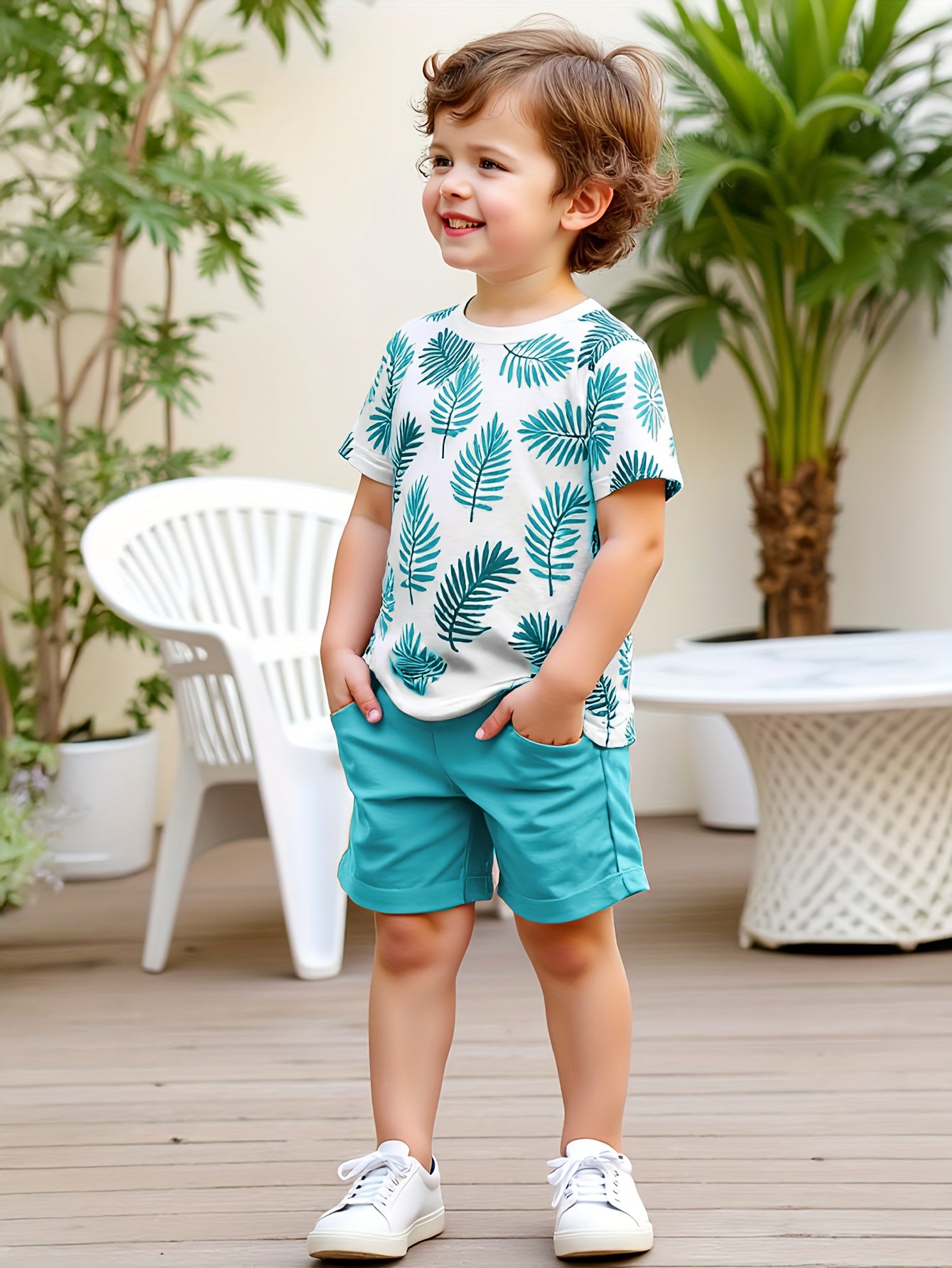 Conjunto de camiseta e short para meninos com folhagens