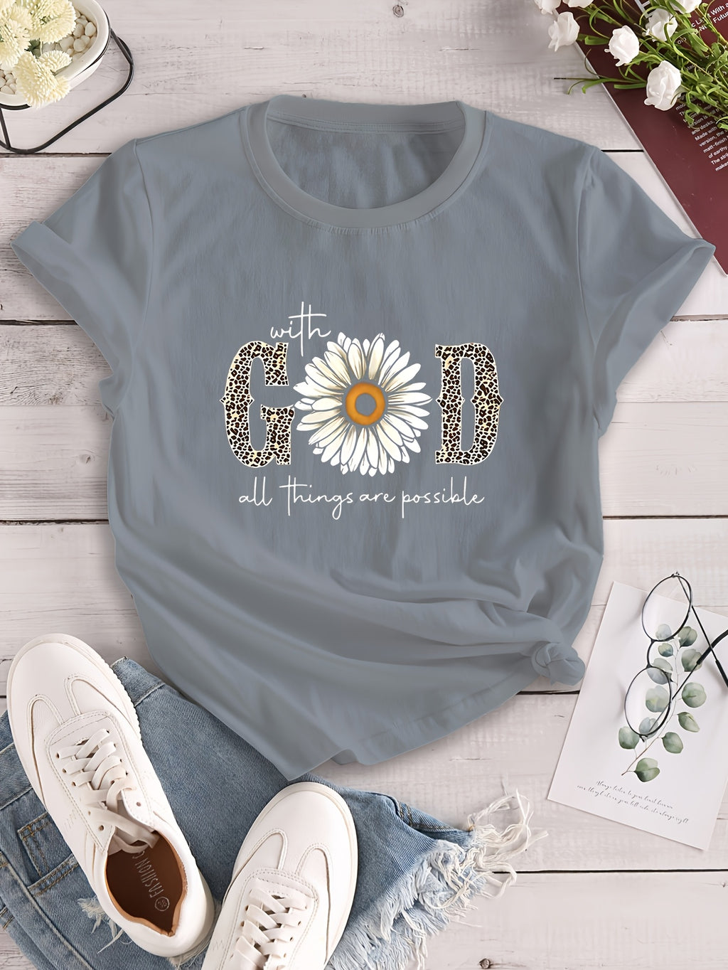 Camiseta estampada "com Deus tudo é possível"