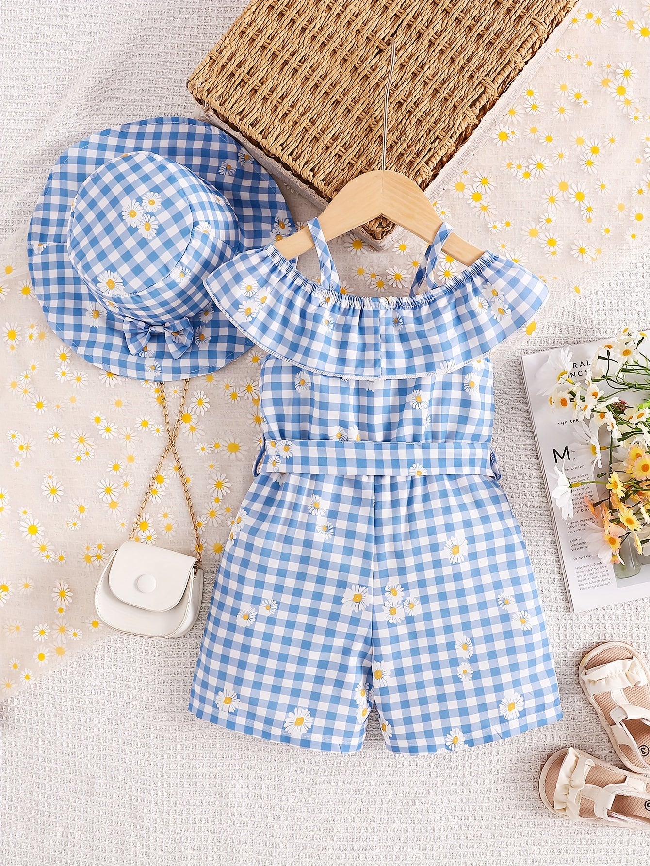 Macaquinho com laço e babado + chapéu para meninas