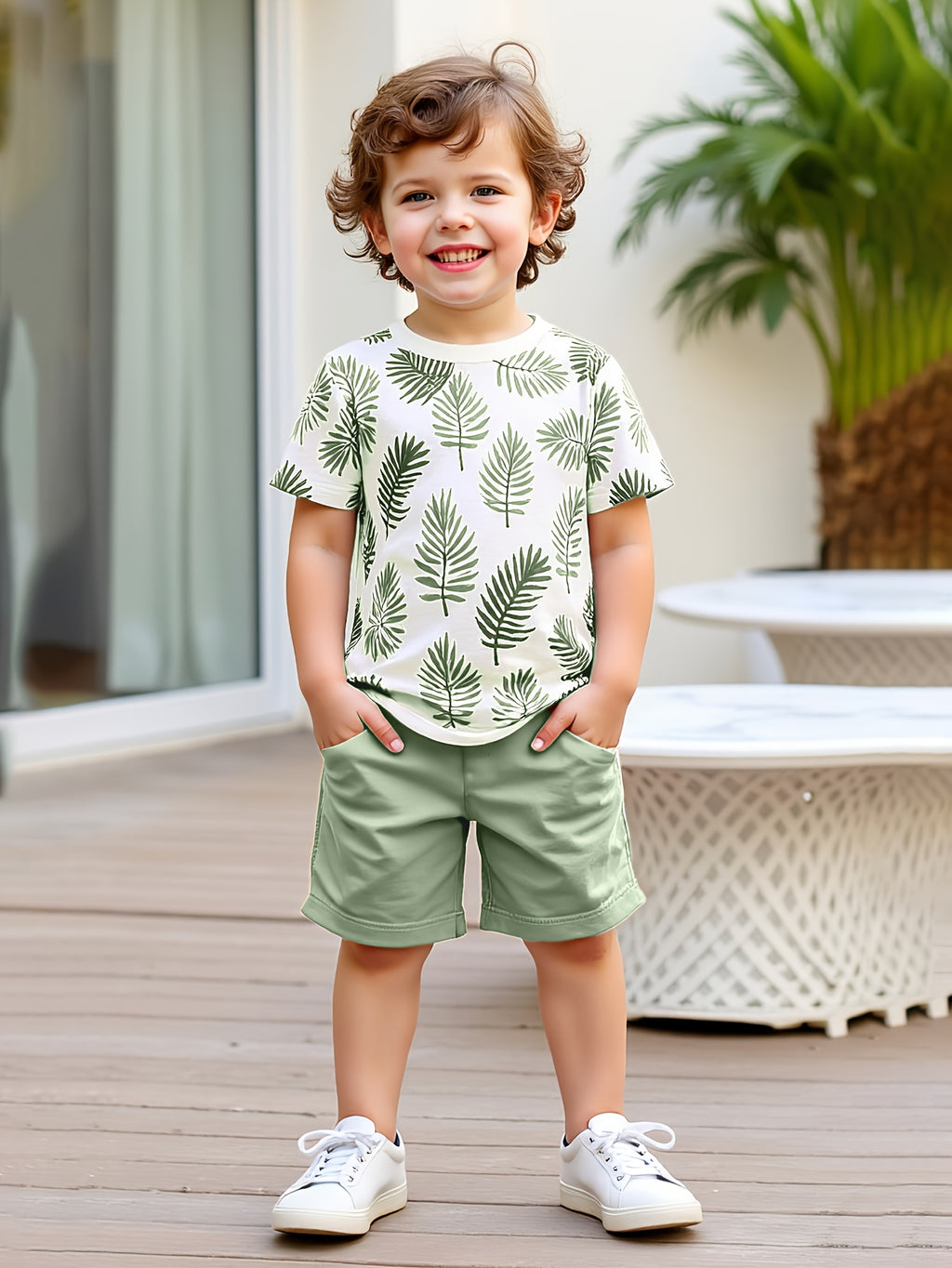 Conjunto de camiseta e short para meninos com folhagens