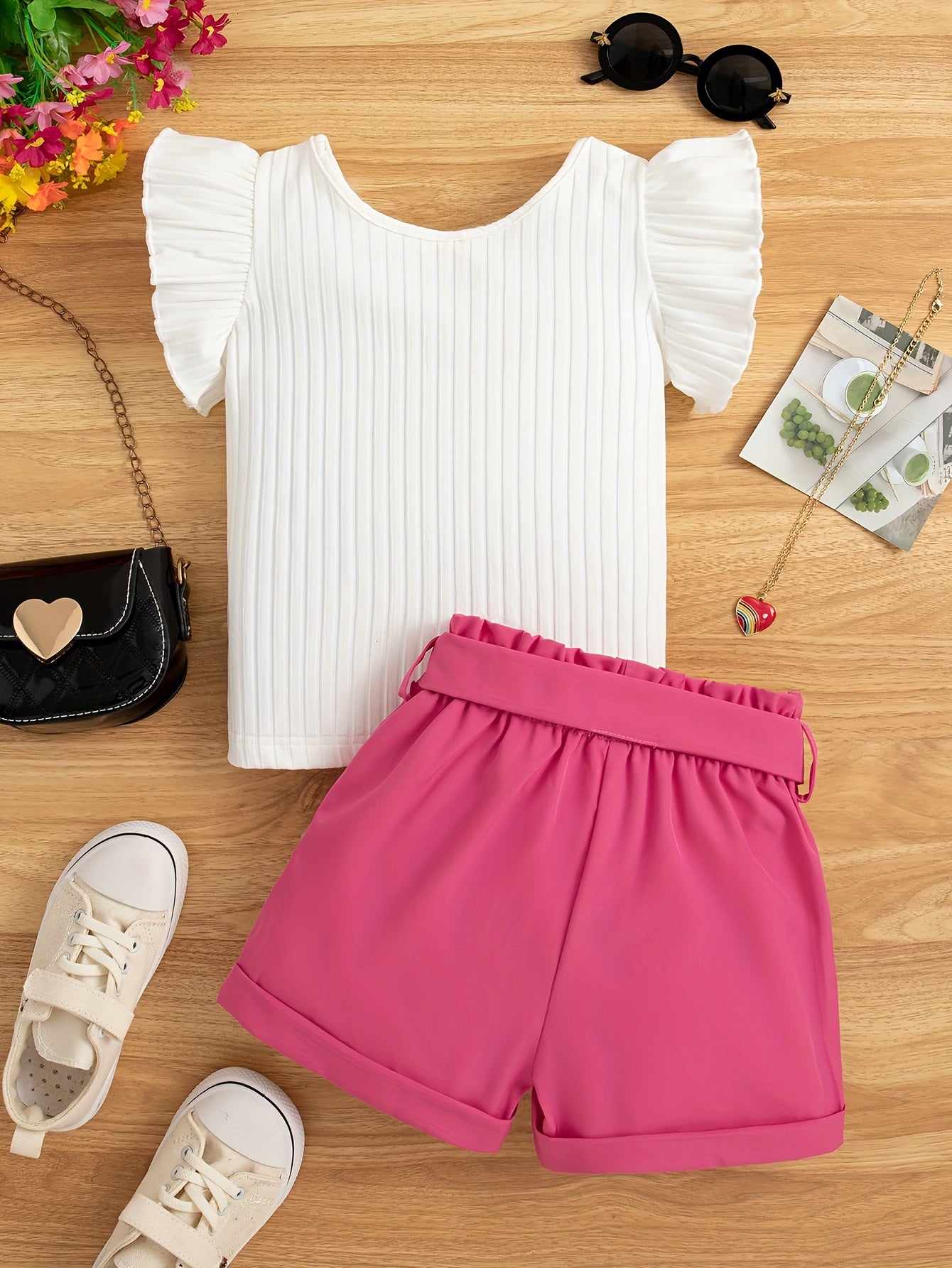 Conjunto de blusa e shorts de babado e cinto para meninas