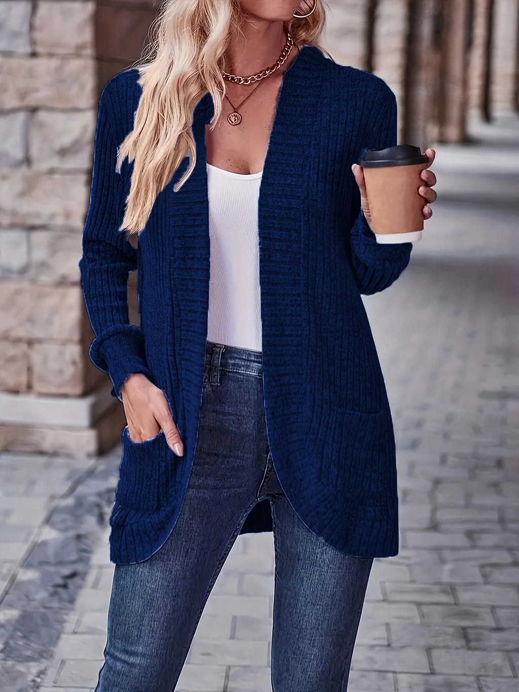 Cardigan aberto com  bolsos
